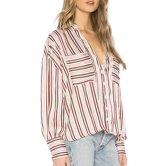 Free People Mad About You Red Striped Satin Deep Neckline Button Up Shirt Large - Picture 1 of 9
